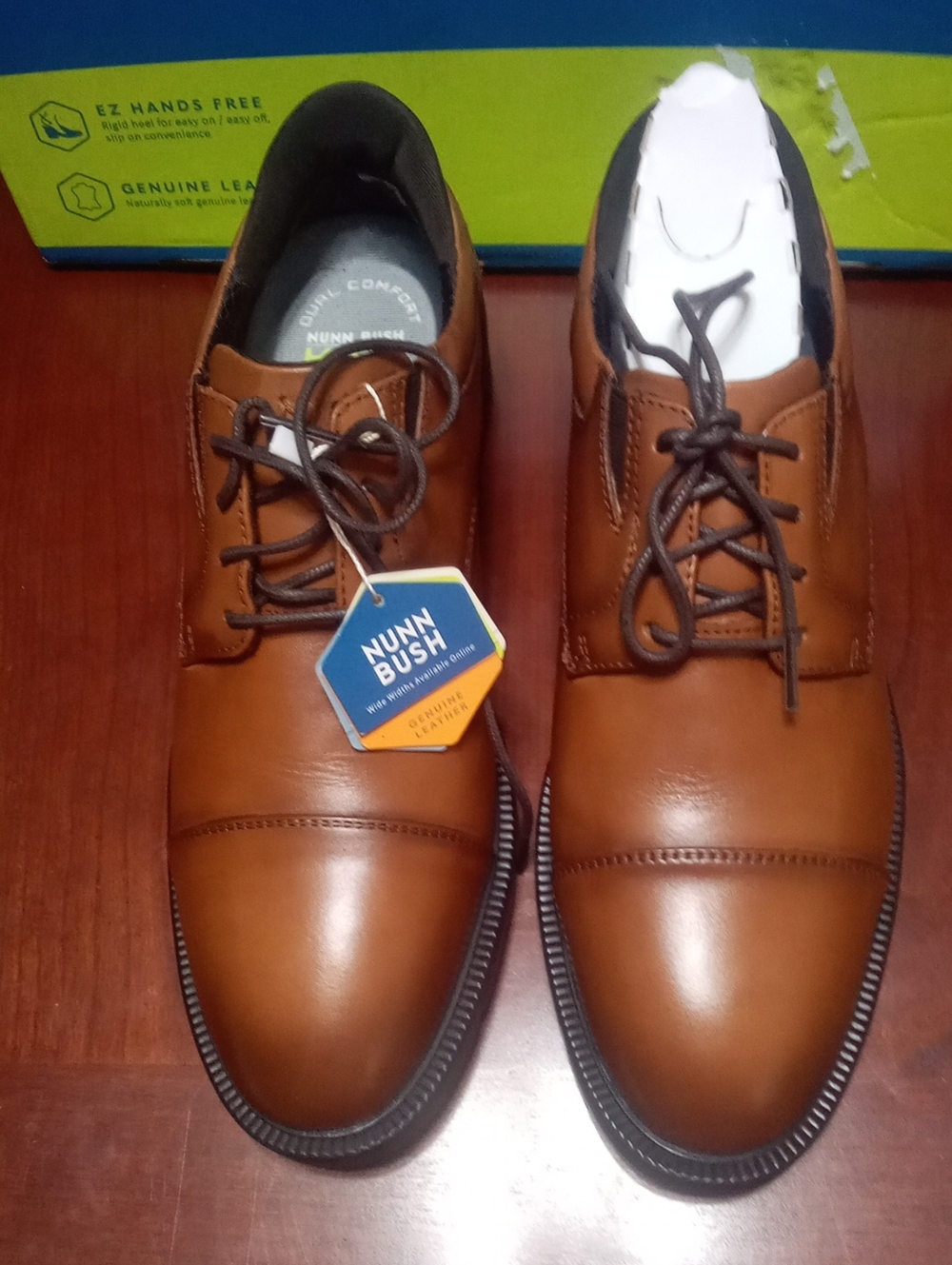 Nunn Bush Men's Cognac Brown Leather Cap-Toe Oxfords 7 1/2 Slip In Hands Free